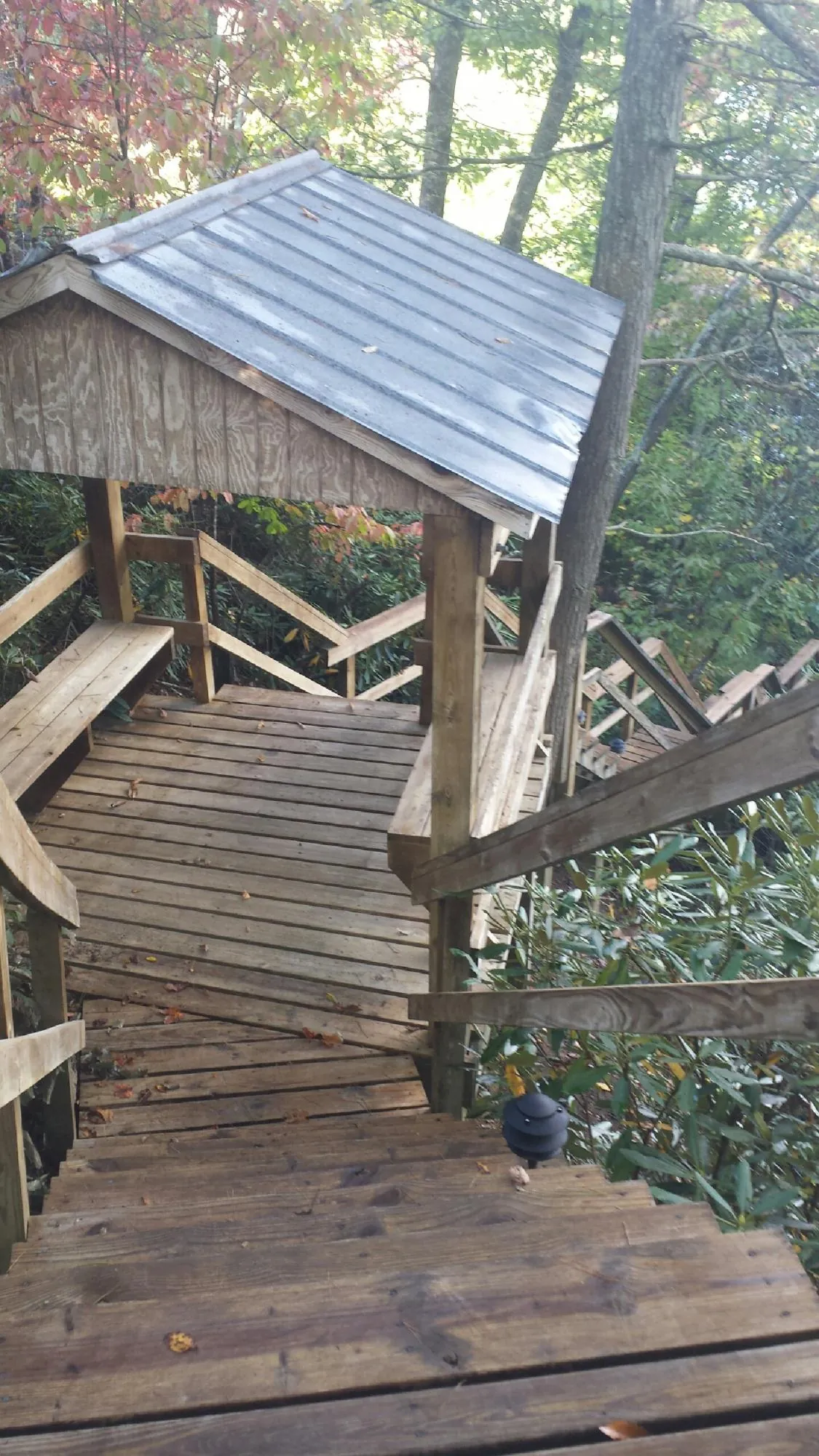 Metal roofed shelter over wooden steps on a wooded walkway — Skylight Repair & Installation work by our crew in Madison